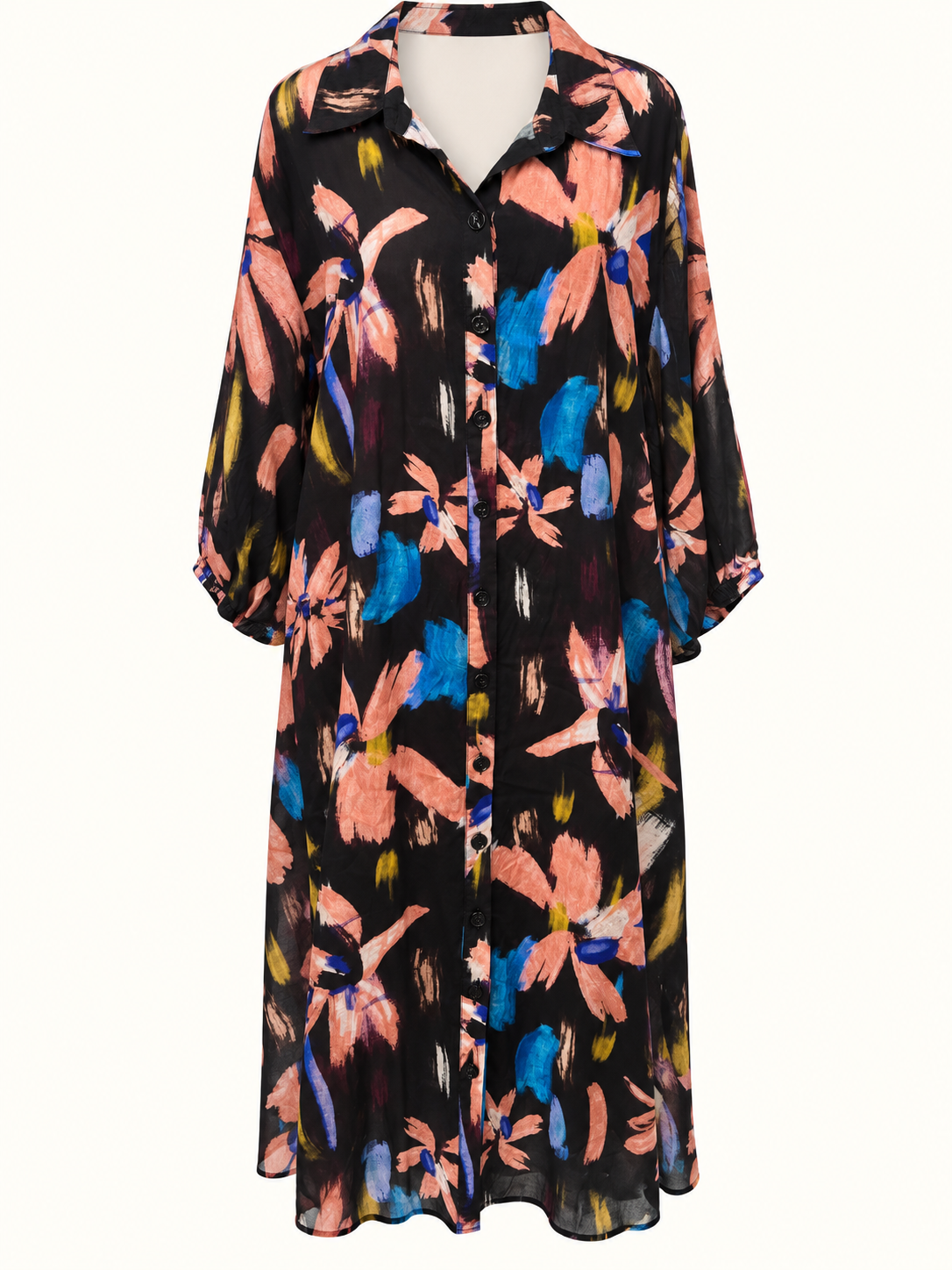 Taking Shape (TS) Black Abstract Floral Button-Through Midi Dress – Size 14 (Also Suits 16)