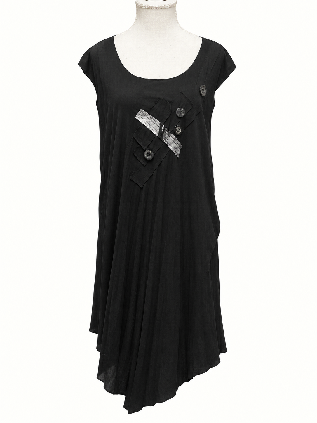 Clarity Black Asymmetrical Tunic Dress with Button Detail – Size XL/20