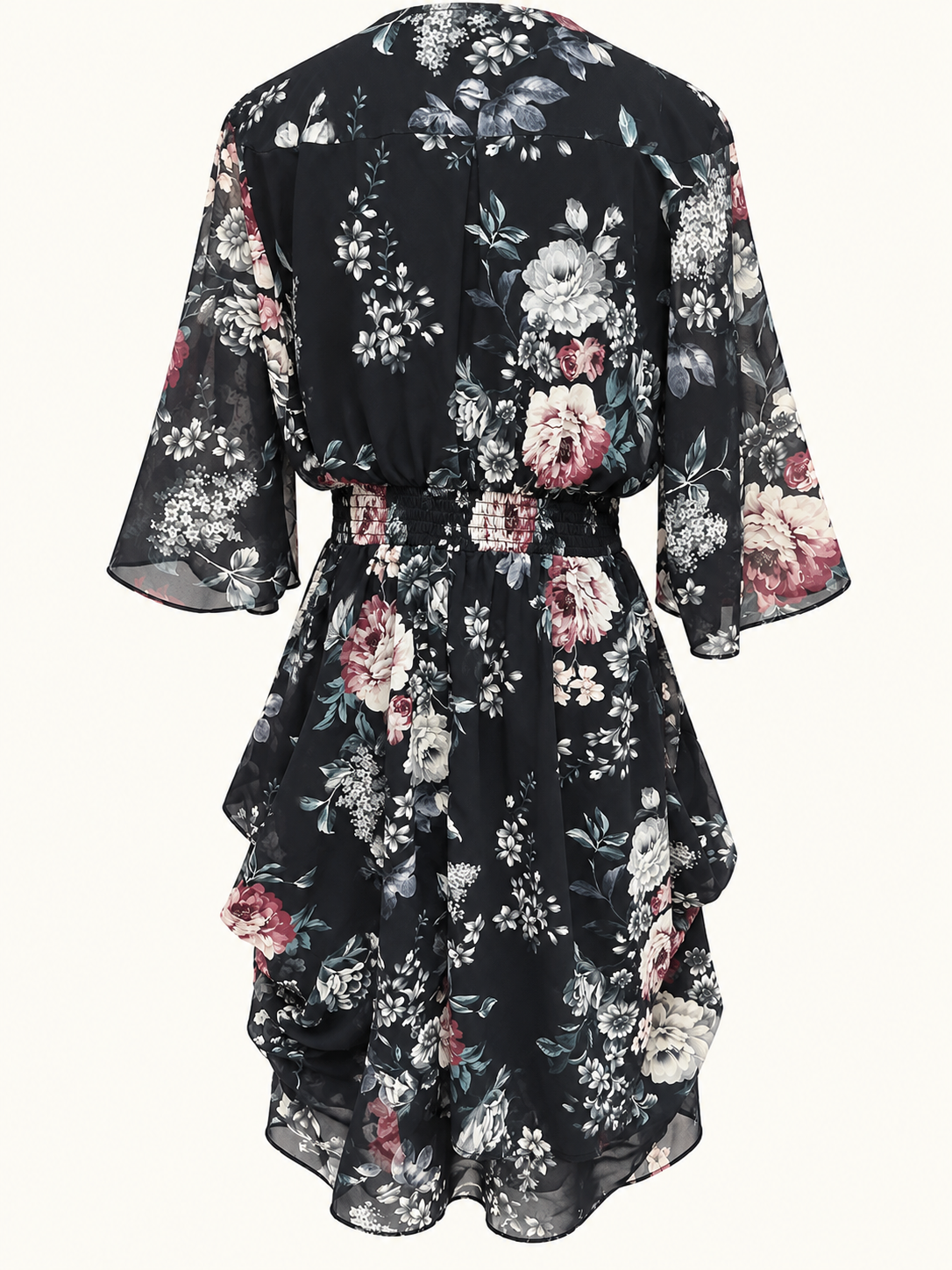 City Chic Black Floral Wrap-Style Dress with Ruched Waist – Size S/16