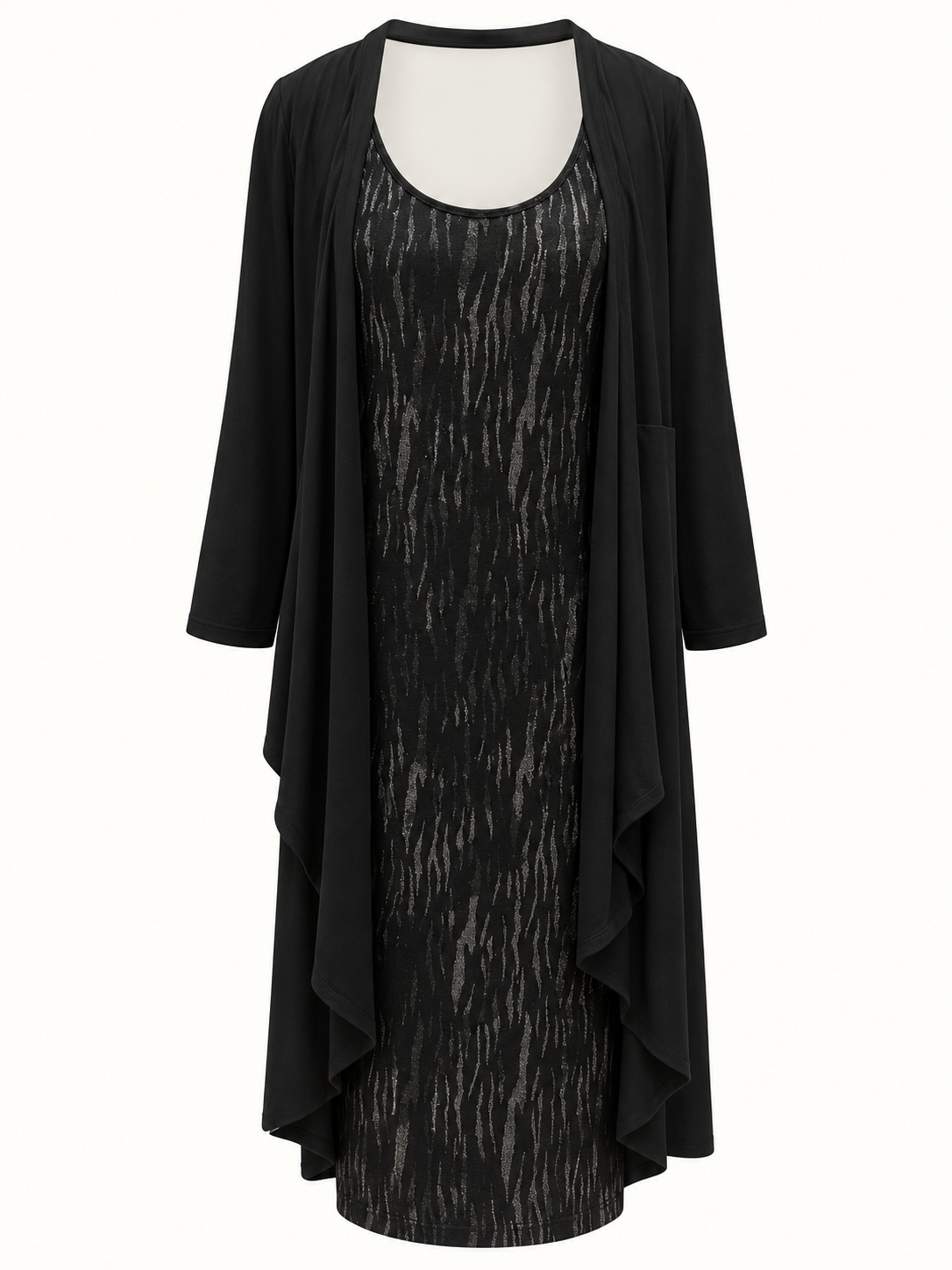 Eve Hunter Black & Metallic Waterfall Cardigan Dress – Size 18