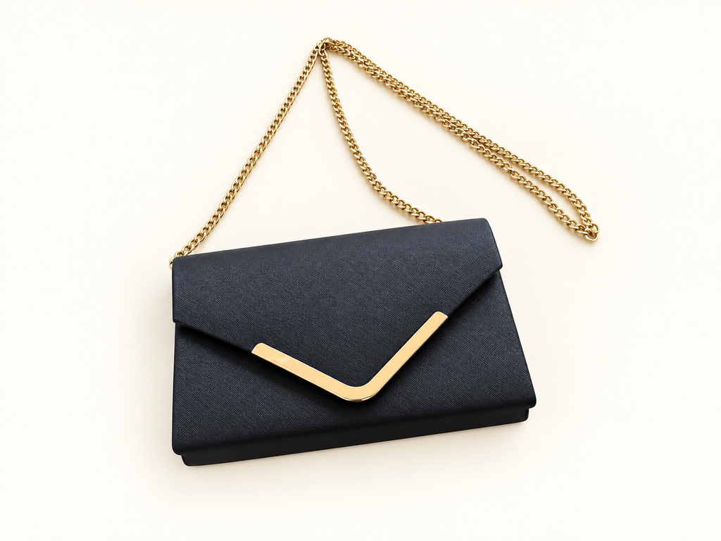 Collette Black & Gold Envelope Clutch Bag – Detachable Chain Strap – Like New