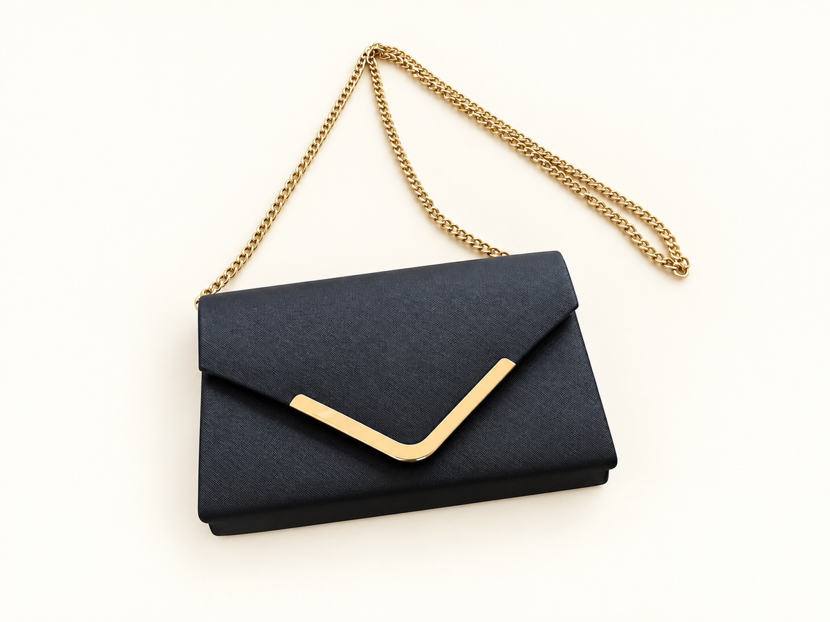 Collette Black & Gold Envelope Clutch Bag – Detachable Chain Strap – Like New