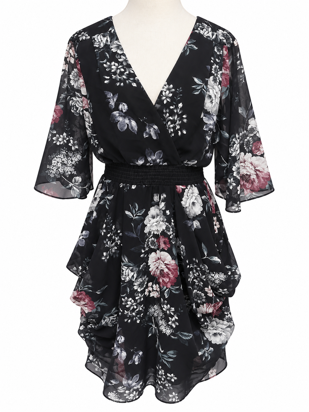 City Chic Black Floral Wrap-Style Dress with Ruched Waist – Size S/16