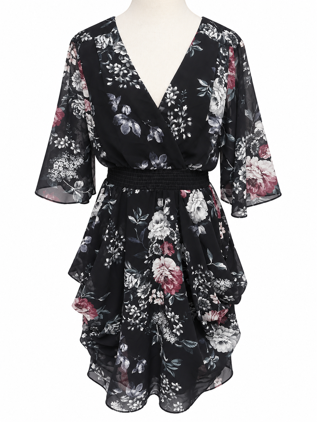 City Chic Black Floral Wrap-Style Dress with Ruched Waist – Size S/16