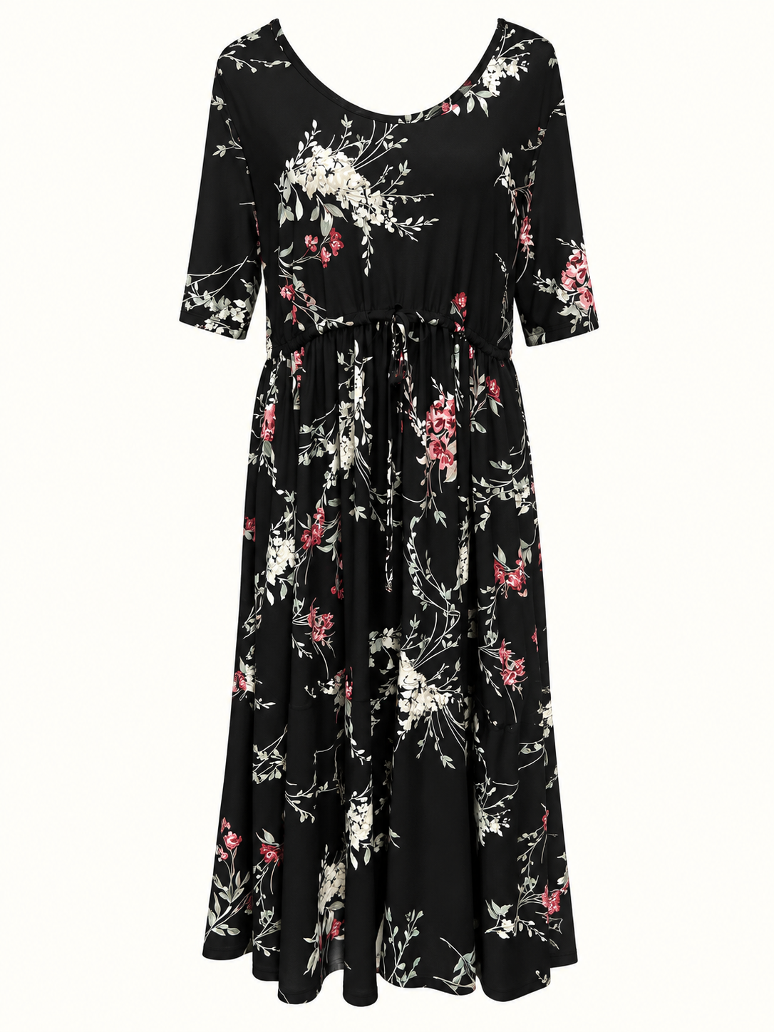 TS Taking Shape Black Floral Stretch Midi Dress with Pockets – Size 12 (Fits 12–18) | Like New