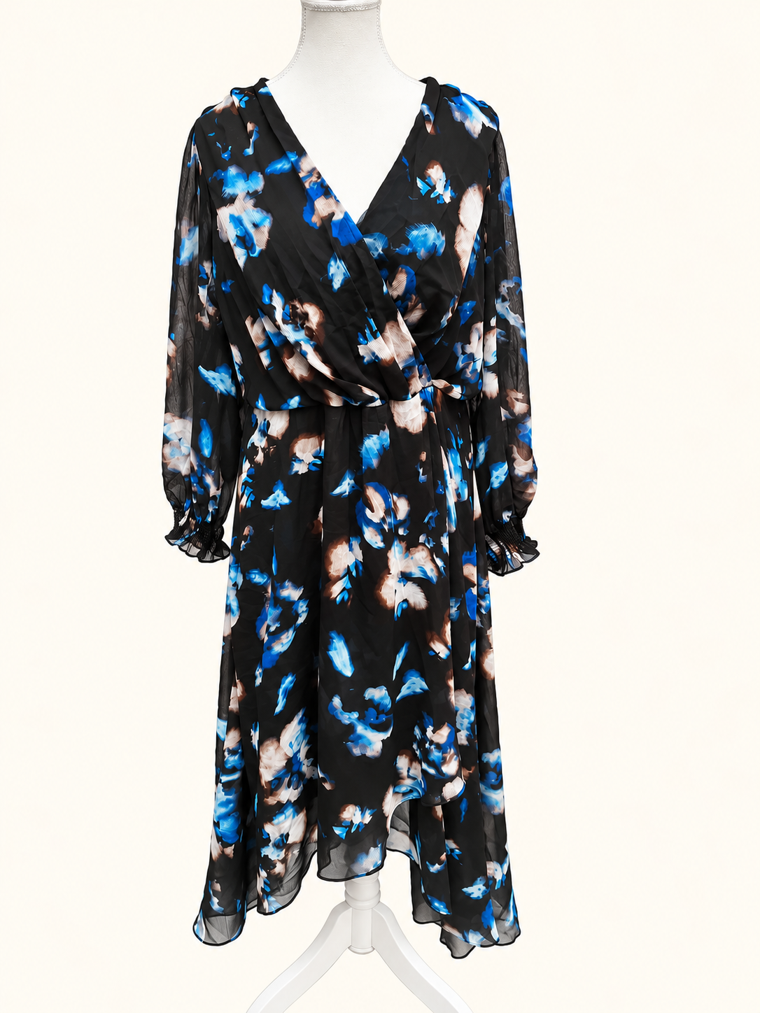 DKNY Black & Electric Blue Floral Hi-Lo Dress – Size 16 | Very Good Pre-Loved