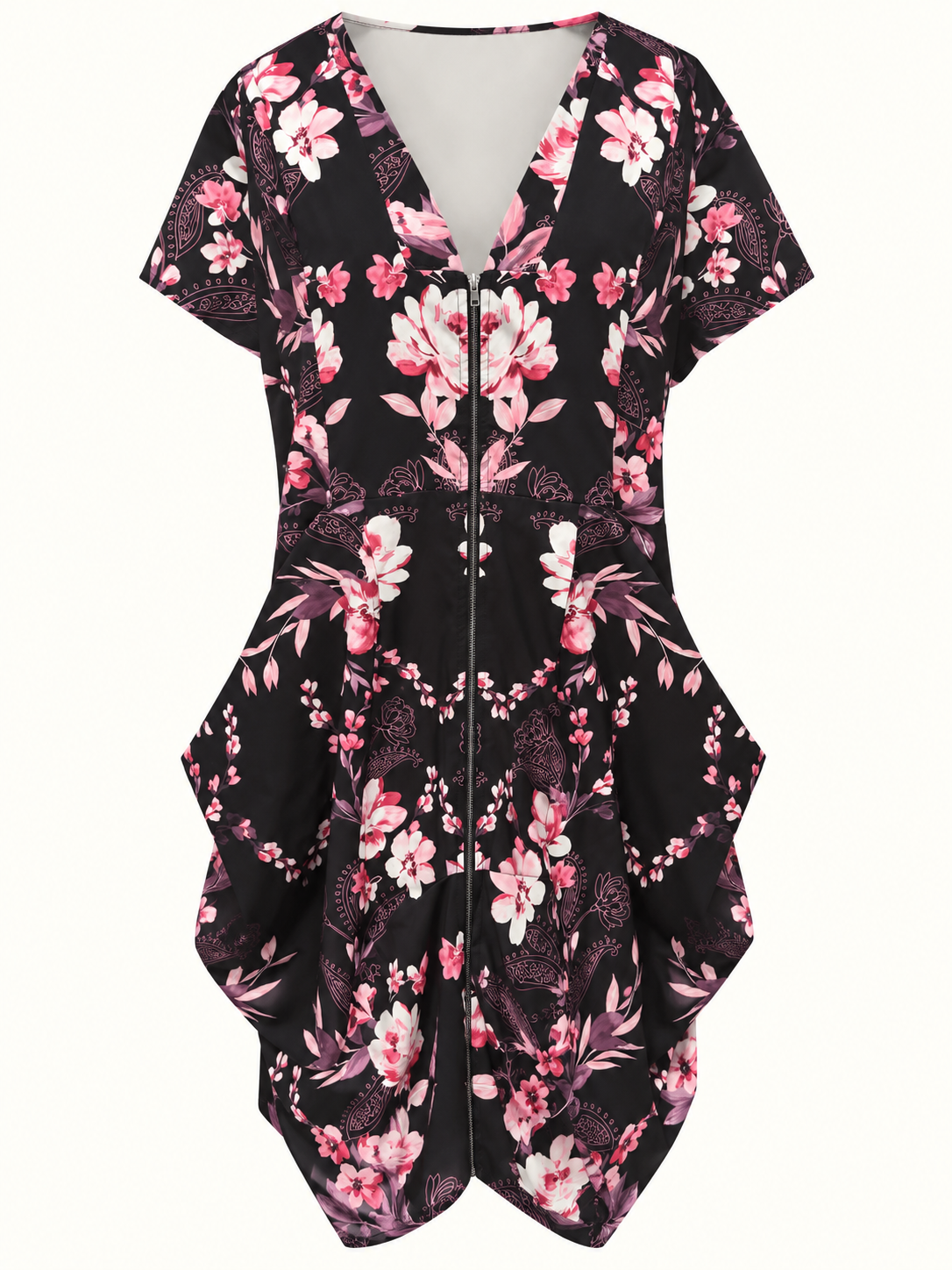 City Chic Black & Pink Floral Zip-Front Dress – Size S/16
