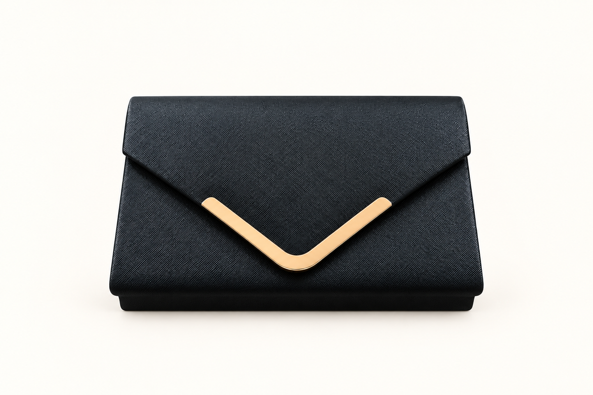 Collette Black & Gold Envelope Clutch Bag – Detachable Chain Strap – Like New