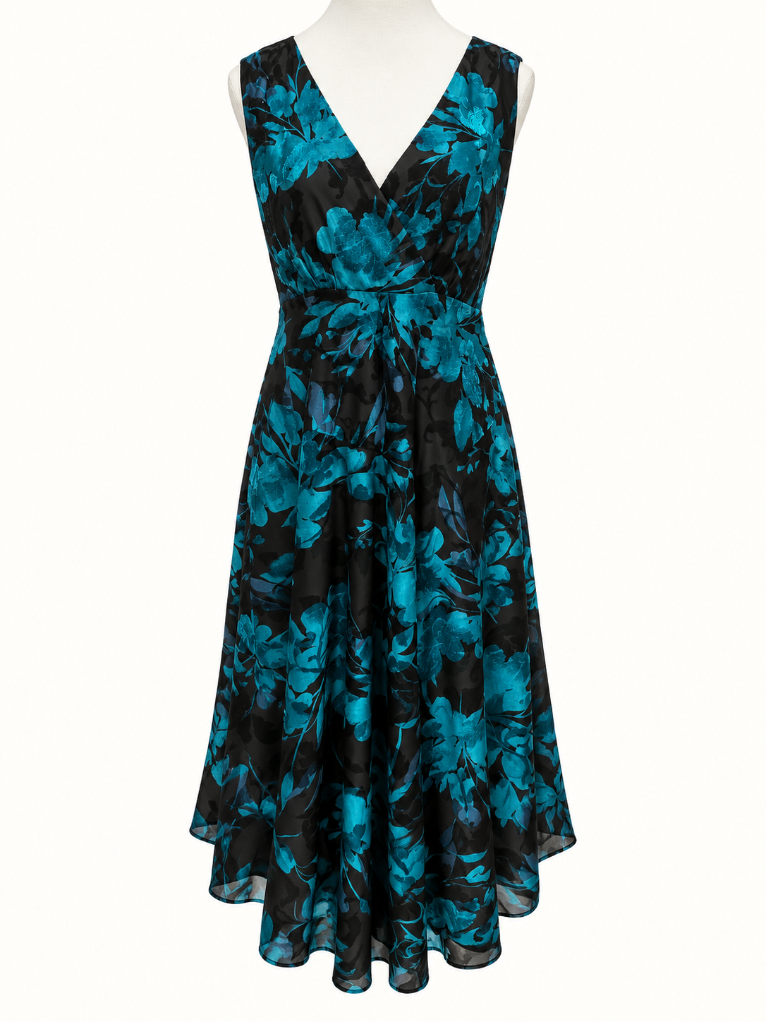 Connected Apparel Black & Teal Floral Fit & Flare Dress – Size 12 (Best Suits 14–16)