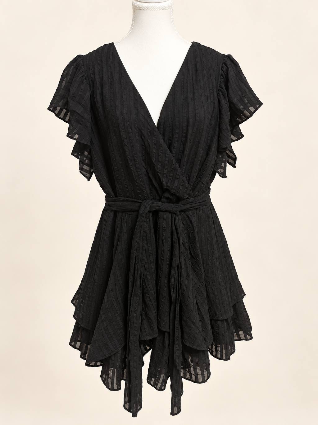 City Chic Black Textured Ruffle Playsuit – Size M/18