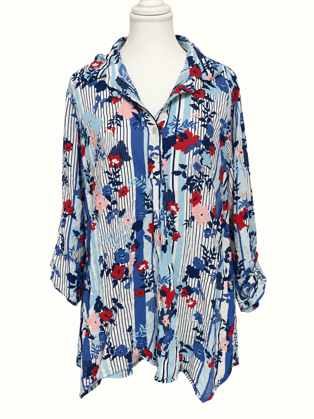 Autograph Size 18 – Blue & Red Floral Striped Long Sleeve Tunic Shirt