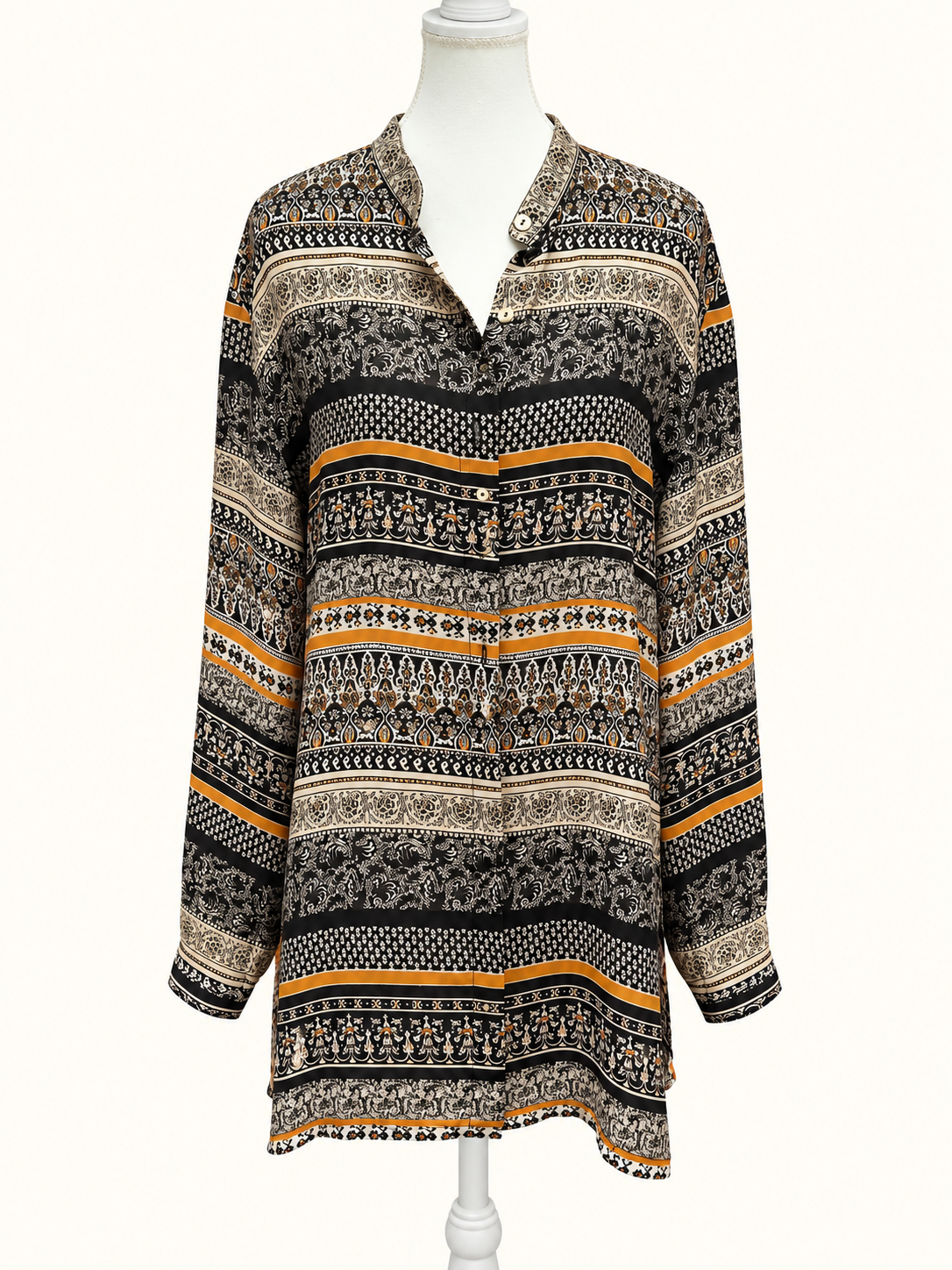 Collections Black, Cream  Mustard Boho Print Longline Blouse – Size 14 | Very Good