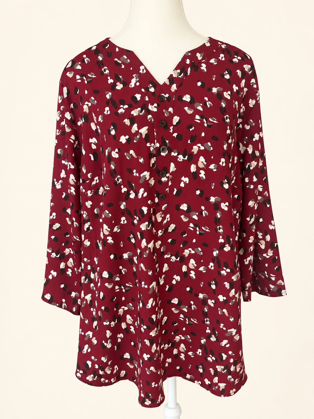 Berry Burgundy Abstract Print V-Neck Top – Size 2XL