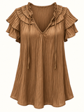 Preview Caramel Ruffle Sleeve Blouse with Tie Neck – Size 14 | Like New