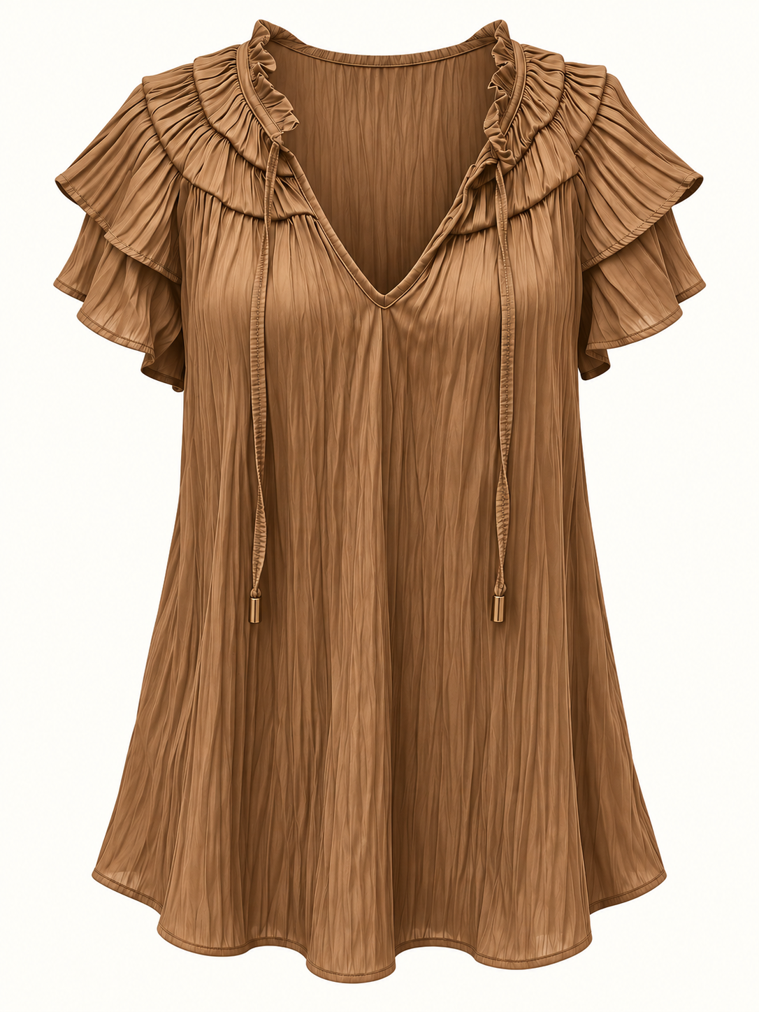 Preview Caramel Ruffle Sleeve Blouse with Tie Neck – Size 14 | Like New