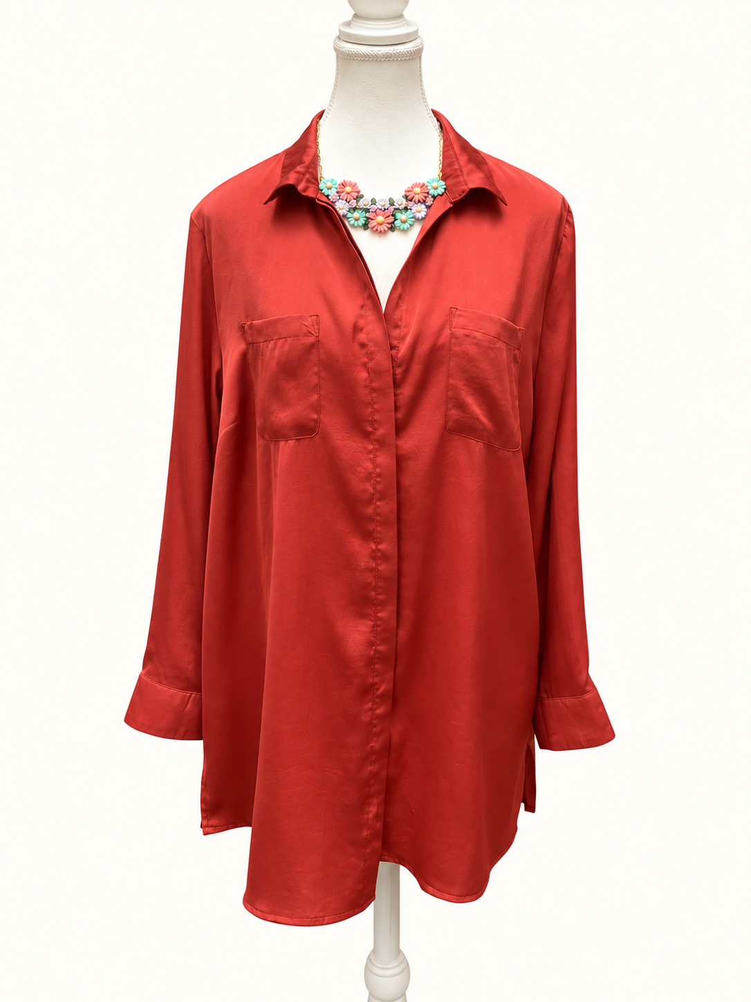 Katies Coral Red Silky Longline Blouse – Size 14 | Like New