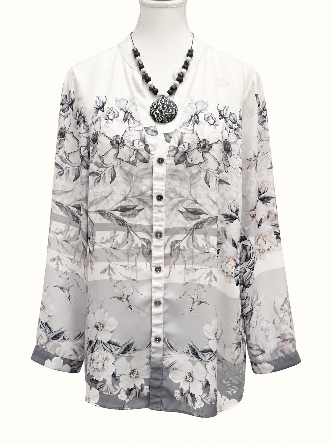 Liz Jordan Elegant Grey & White Floral Button-Through Blouse – Size 16