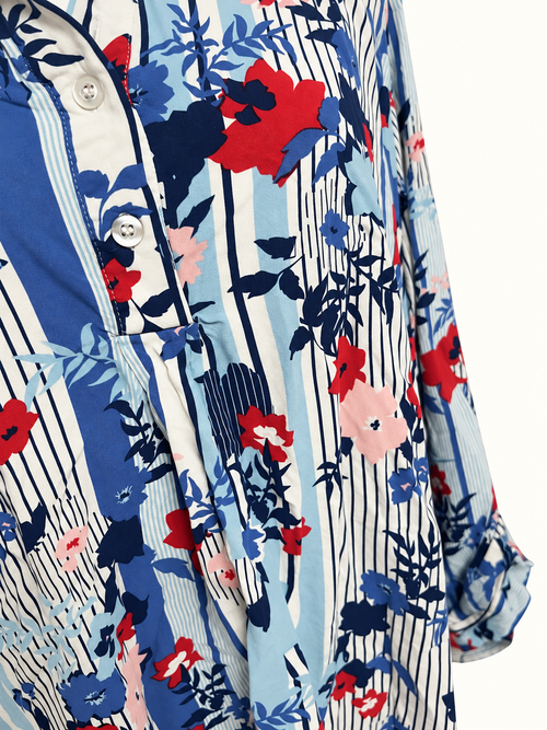 Autograph Size 18 – Blue & Red Floral Striped Long Sleeve Tunic Shirt