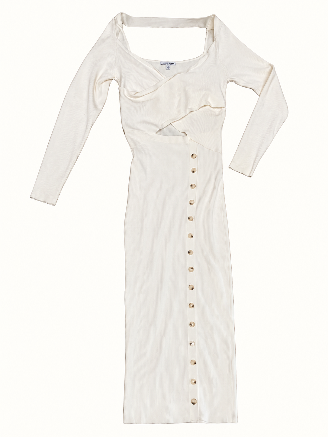 Fashion Nova Ivory Ribbed Cross-Over Bust Midi Dress with Button Detail – Size XL/14 | Like New