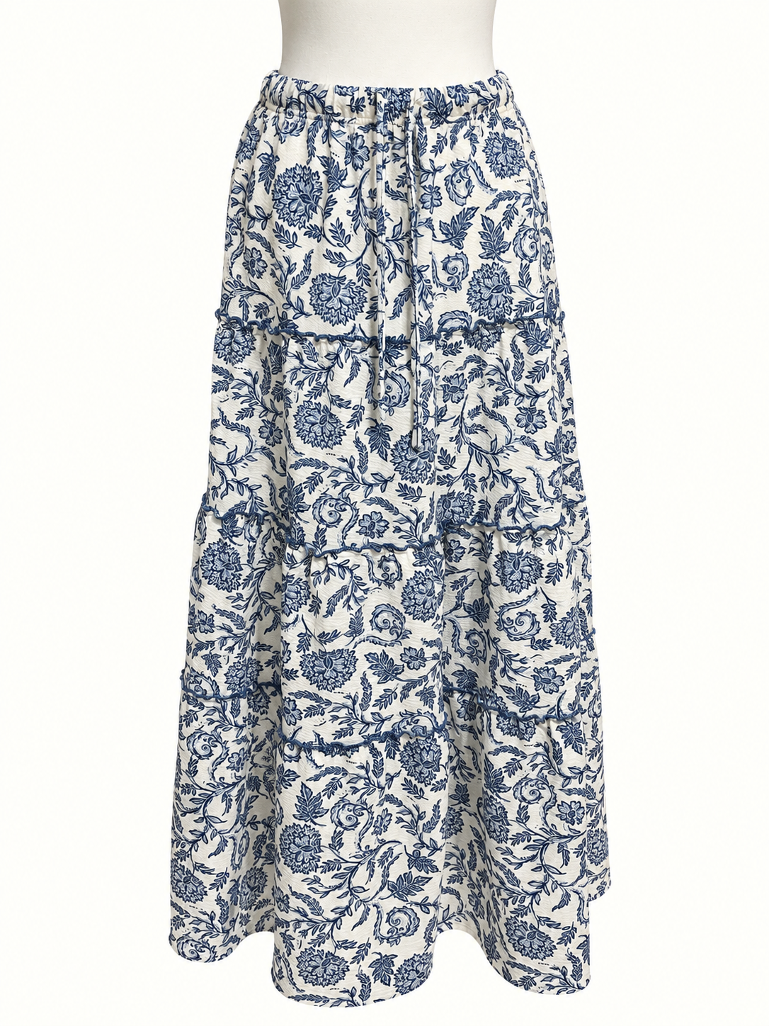 Valley Girl Blue & White Floral Tiered Maxi Skirt – Size XL / 16