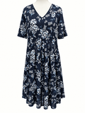 Taking Shape (TS) Navy Blue Floral Fit & Flare Dress with Pockets – Size XS/14 (Also Suits 16)