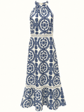 SHEIN Navy Blue & White Medallion Print Halter Neck Maxi Dress – Size 1XL/18 | Like New