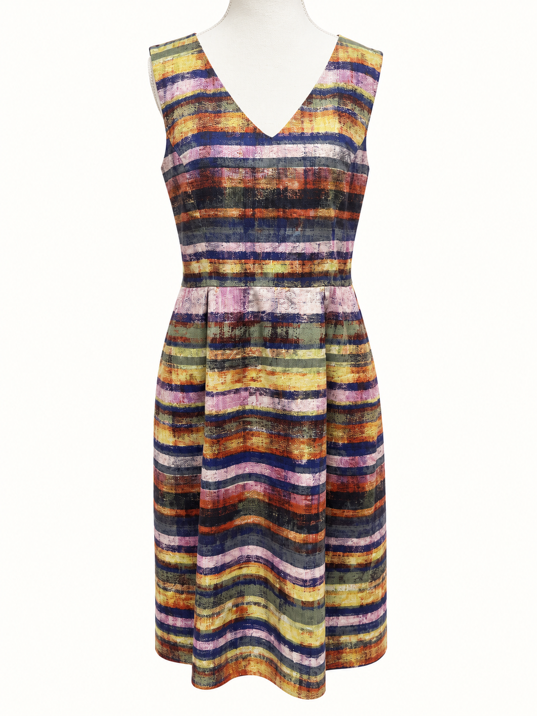 Jacqui E Multicoloured Abstract Stripe Fit & Flare Dress – Size 16