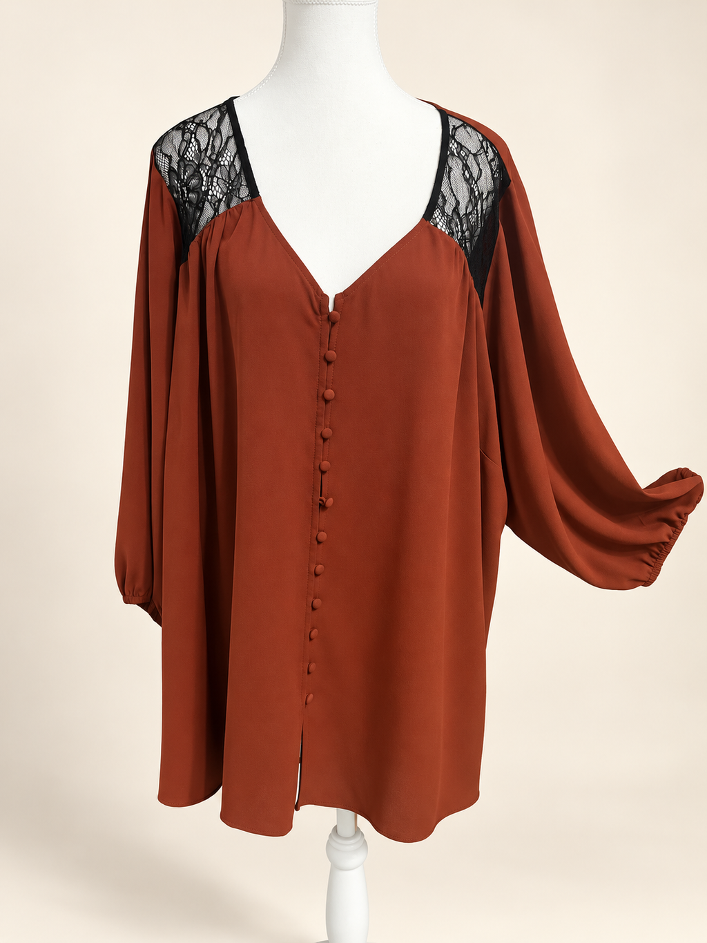 City Chic - Rust Brown Blouse with Black Lace Shoulder Detail Sz XL
