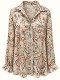 please provide a title for this Liz Jordan Sage Floral Paisley Sheer Blouse with Silver Metallic Pinstripes – Size 14 | Like New