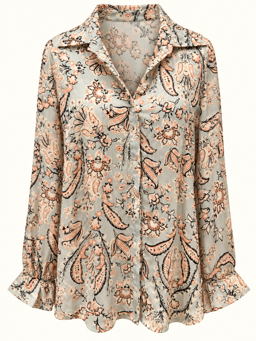 please provide a title for this Liz Jordan Sage Floral Paisley Sheer Blouse with Silver Metallic Pinstripes – Size 14 | Like New