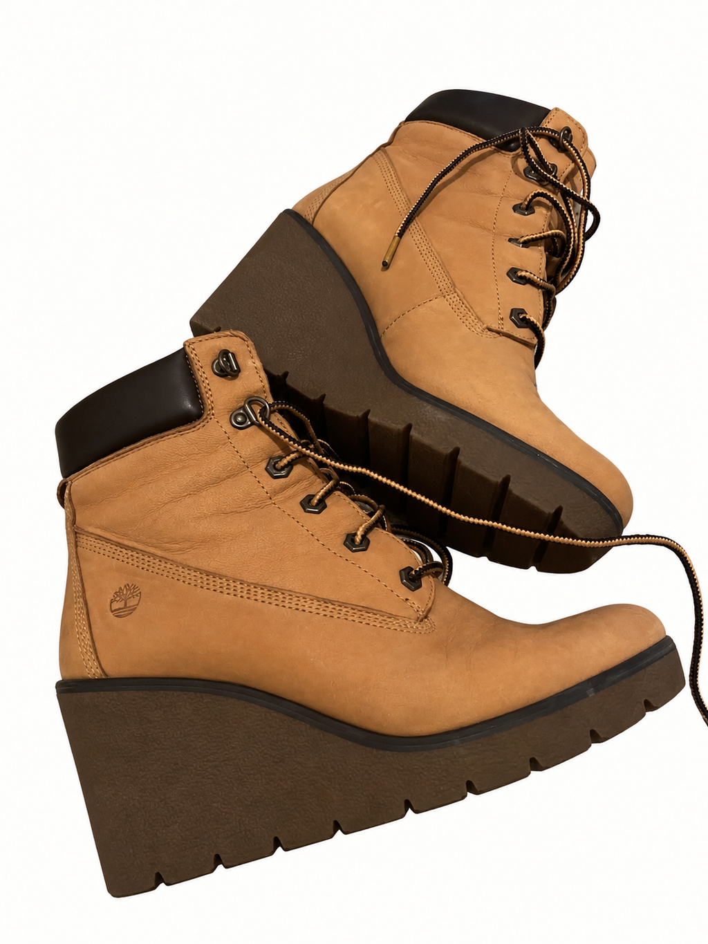 Timberland Tan Leather Lace-Up Platform Wedge Ankle Boots – Size 41.5 | Near New