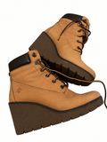 Timberland Tan Leather Lace-Up Platform Wedge Ankle Boots – Size 41.5 | Near New