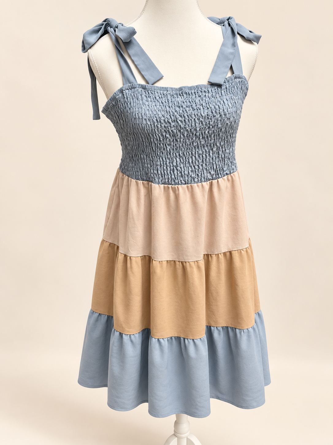 Blue-Grey & Neutral Colour Block Tiered Dress Sz XL/18