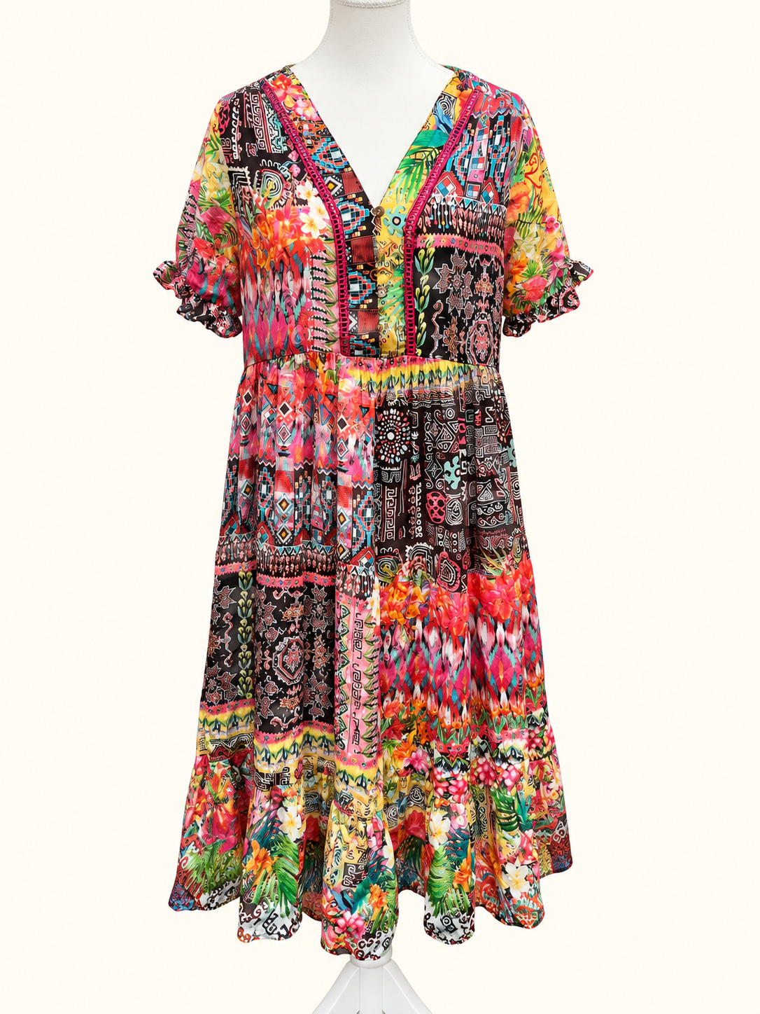 Virtuelle Vibrant Boho Patchwork Midi Dress – Size 12 (Suit 14–16) | Like New