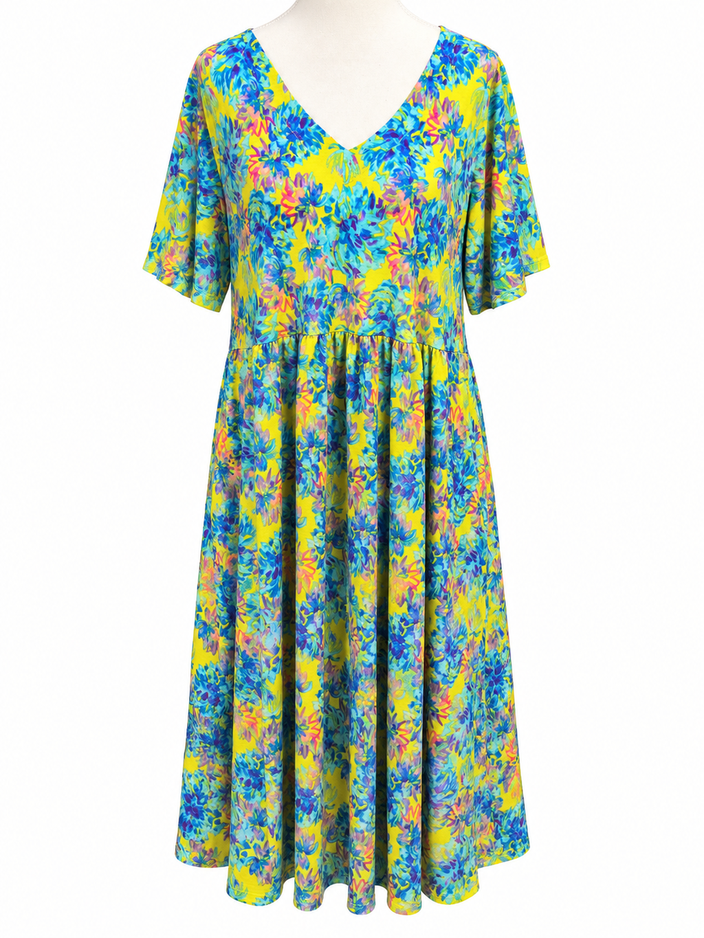 TS Vibrant Yellow & Blue Floral Midi Dress – Size 12 Label (Best Fits 16)