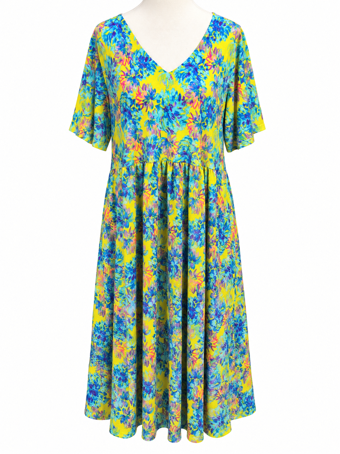TS Vibrant Yellow & Blue Floral Midi Dress – Size 12 Label (Best Fits 16)